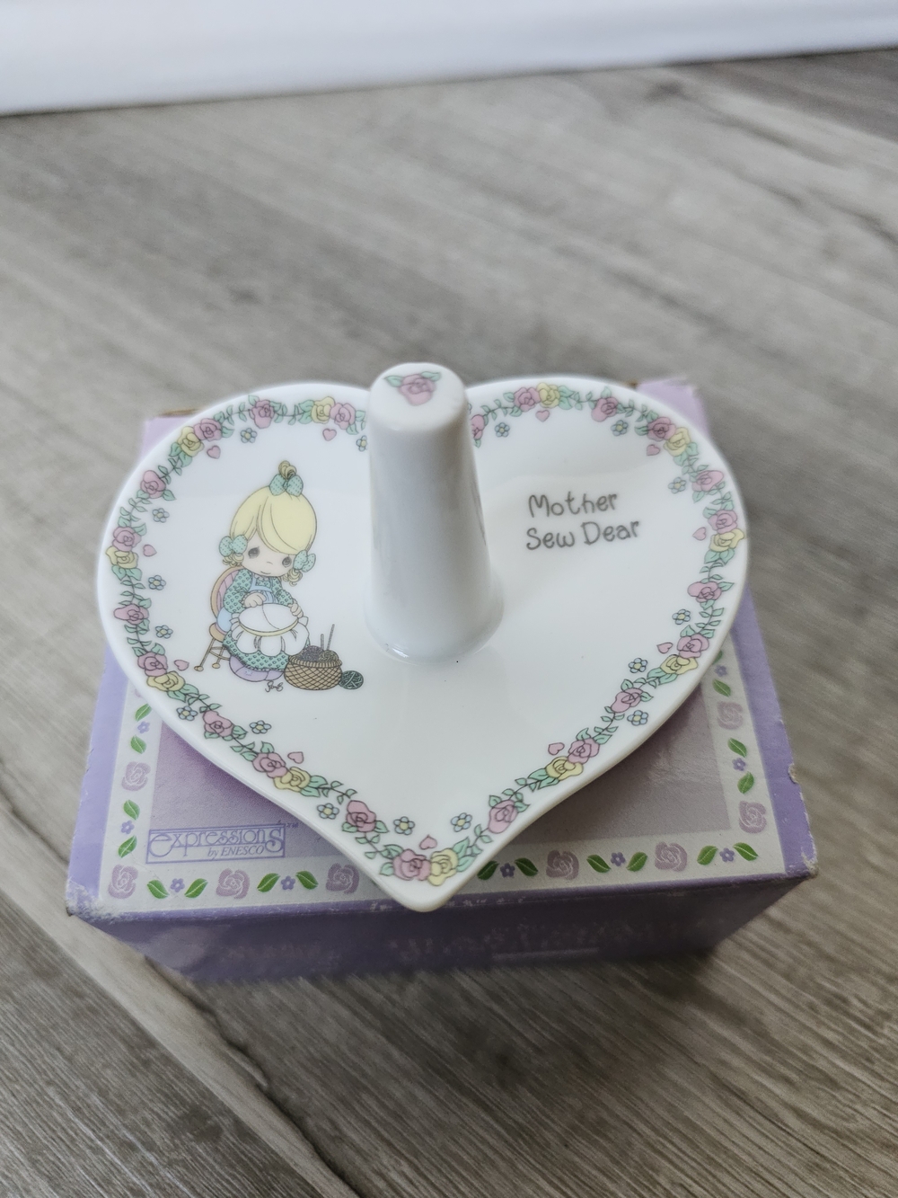Vintage 1995 Precious Moments "Mother Sew Dear" Heart Ring Holder Dish NIB